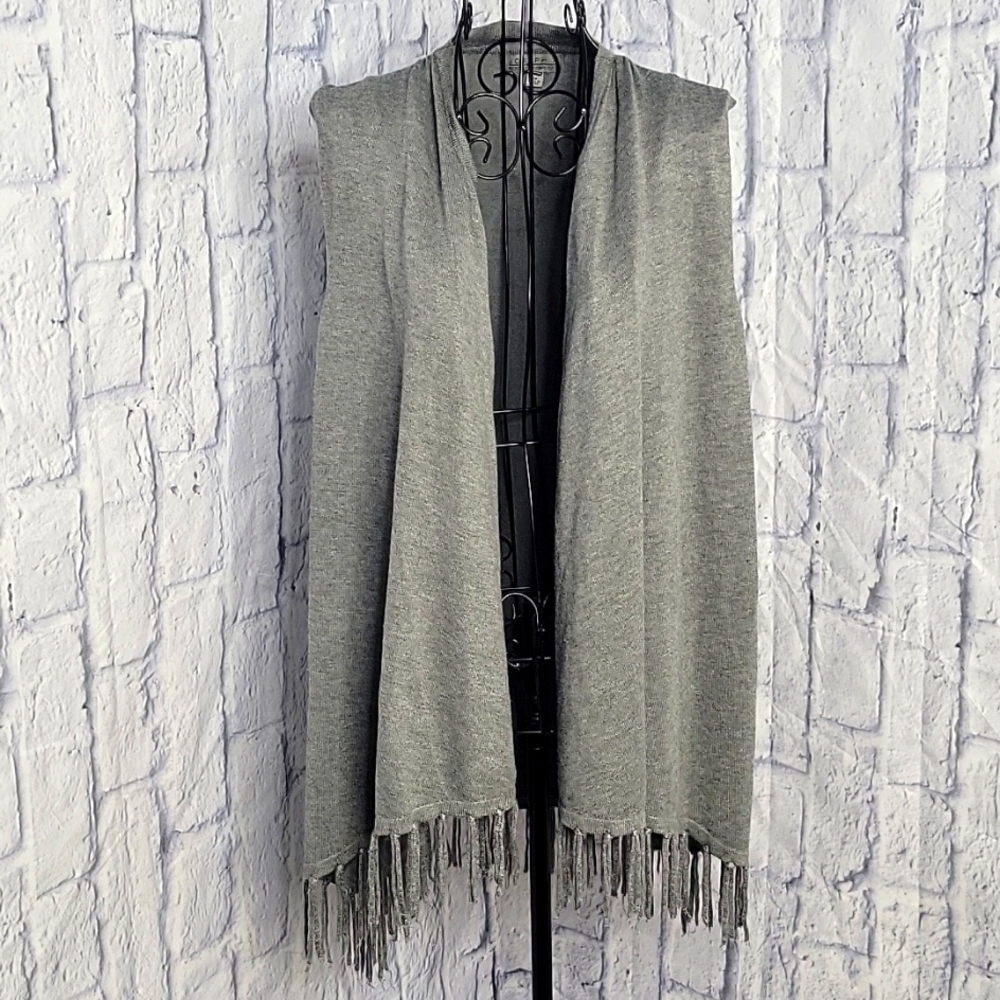 JOSEPH A Gray Fringed Shawl Vest Medium